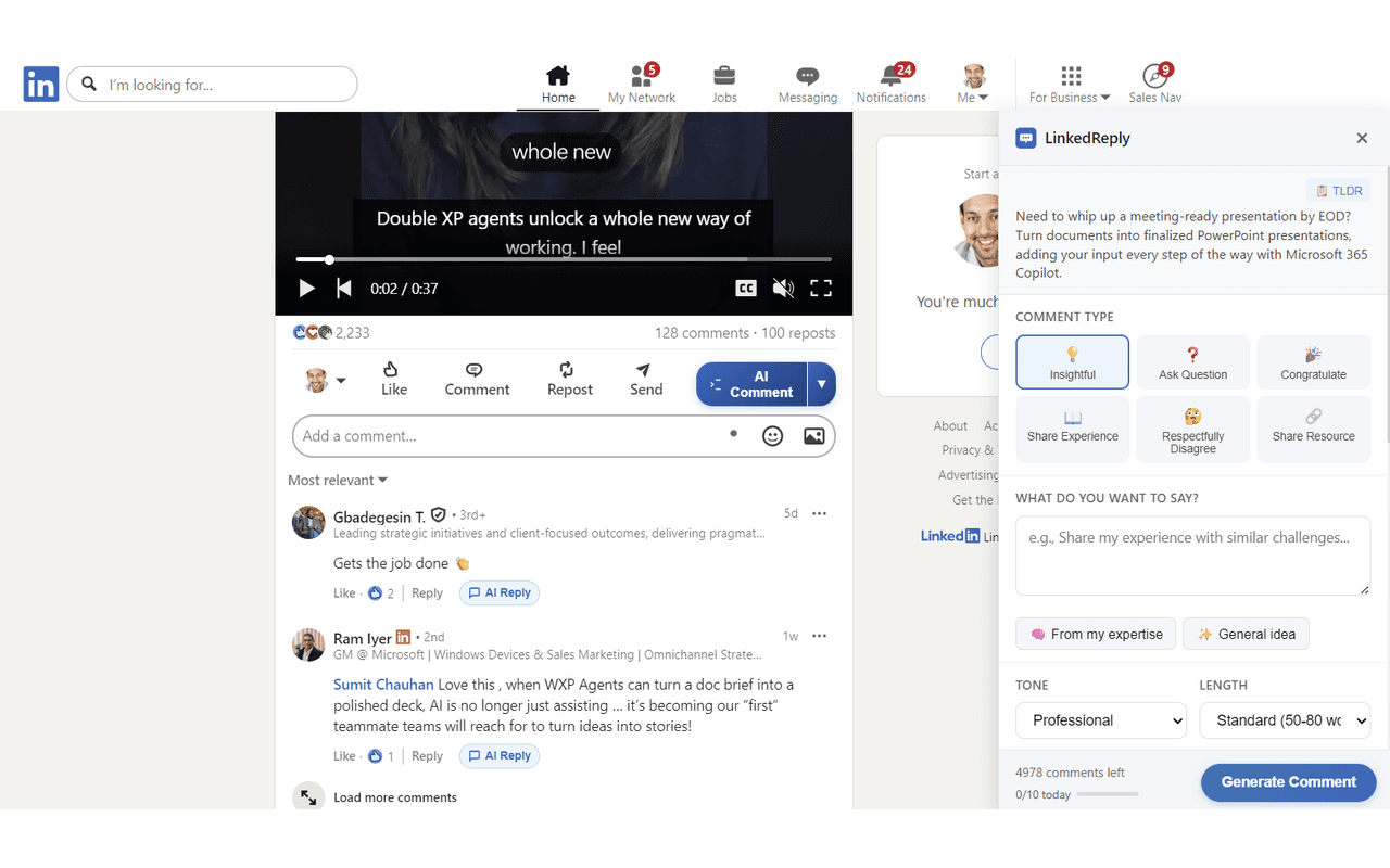 LinkedReply comment panel in LinkedIn