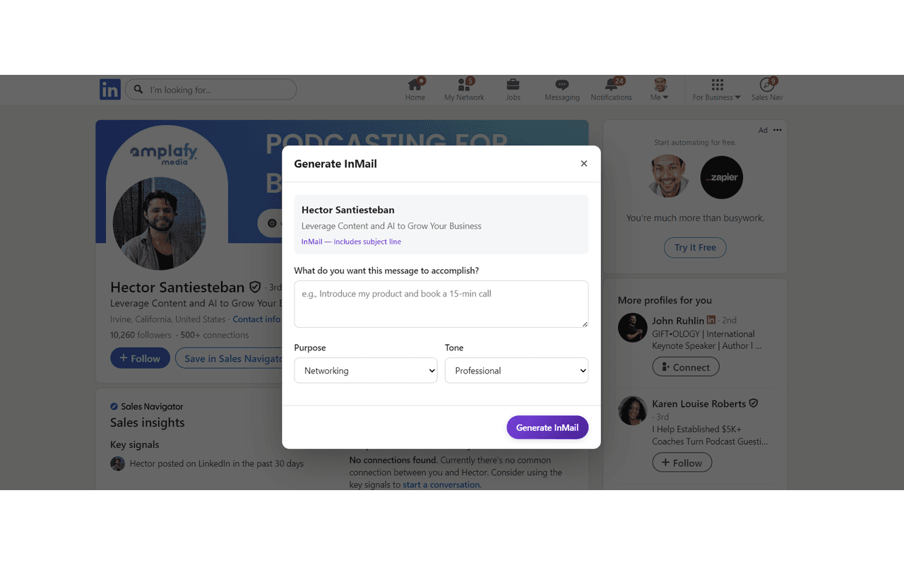 LinkedReply InMail drafting modal in LinkedIn