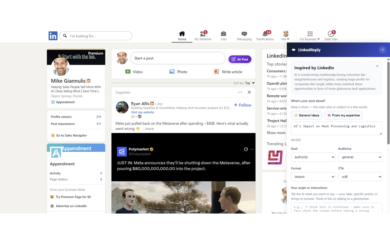 LinkedReply post drafting panel showing voice-aware controls