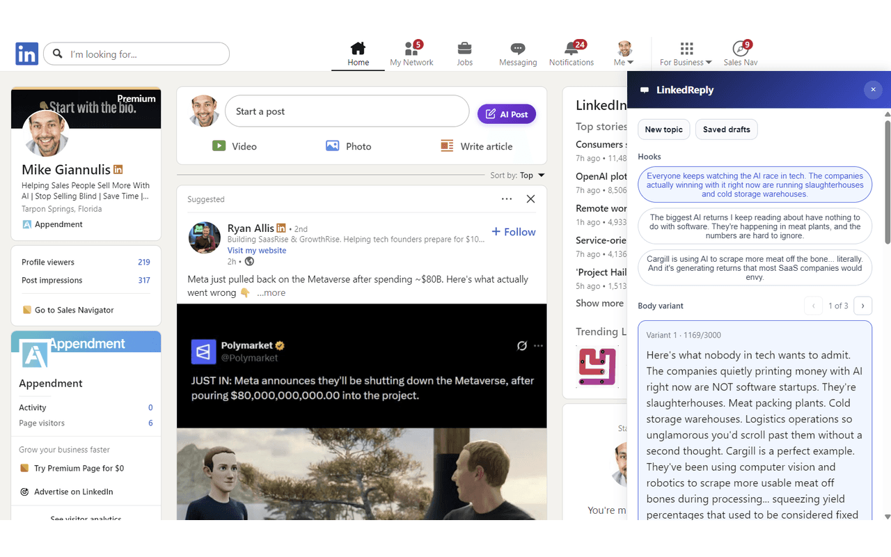 LinkedReply generated LinkedIn post using knowledge-backed output